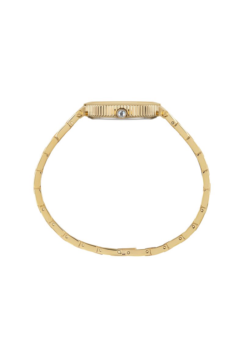 Bracciale in tono d'oro con cassa rettangolare a design rigato e un'unica accentuazione di gemma blu, stile catena collegata, finitura lucida.