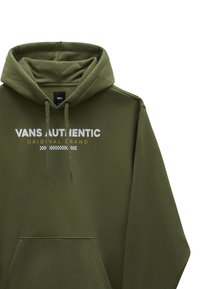 Sudadera verde oliva de mezcla de algodón, con bolsillo tipo canguro, capucha con cordón y un atrevido logo en blanco y amarillo en la parte delantera.