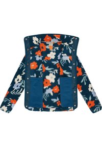 Chaqueta de forro polar floral en azul marino con flores rojas, naranjas y blancas. Cuenta con dos bolsillos frontales y un interior suave y texturizado.