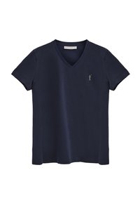 Marinblå V-ringad t-shirt i mjukt tyg, med korta ärmar och en liten broderad logotyp på vänster bröst.