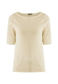 Svetle béžové tričko s vodorovnými pruhy, s kulatým výstřihem a krátkými rukávy. Vyrobeno z měkkého, pružného materiálu pro pohodlí.