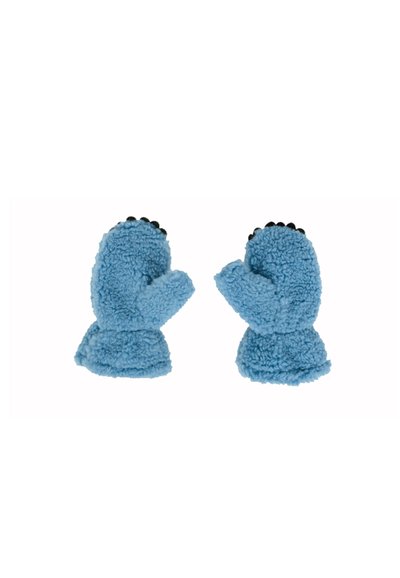 Niebieskie futrzaste rękawiczki z czarnymi końcówkami przypominającymi pazury na białym tle, ukazane od strony dłoni, obok siebie.