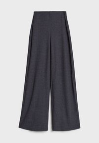 Breda byxor i mörkgrå ribbad tyg, med hög midja och rena linjer. Slät yta utan synliga knäppningar eller dekorationer.