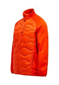 Giacca isolante arancione brillante con pannello frontale trapuntato, zip completa, due tasche laterali e logo ricamato sul petto e sulla manica.