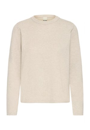 Gaiši bēša garroku džemperis ar apaļu kakla izgriezumu. Izgatavots no mīksta, teksturēta auduma. Vienkāršs dizains un taisns griezums.