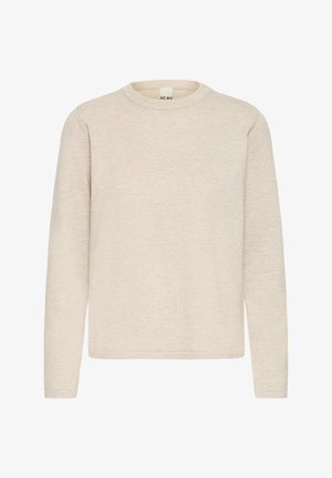 Helebeež pikkade varrukatega kampsun ümmarguse kaelusega. Valmistatud pehmest, tekstuurse kangaga. Lihtne disain ja sirge lõige.