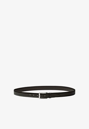Black leather belt with smooth texture, silver metal buckle, five holes for adjustments, and stitched edges for durability.