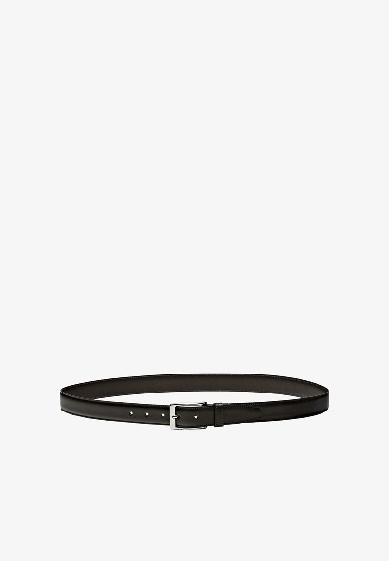 Black leather belt with smooth texture, silver metal buckle, five holes for adjustments, and stitched edges for durability.
