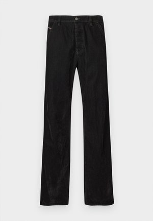 Svarte kordfløyelsbukser med rette ben, utstyrt med knappestolpe, diskret merking og to frontlommer. Glatt tekstur og ensfarget.