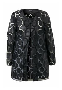 Schwarze gemusterte Jacke mit großen kreisförmigen Designs in verschiedenen Schwarz- und Grautönen, gefertigt aus einem glatten, leichten Material.