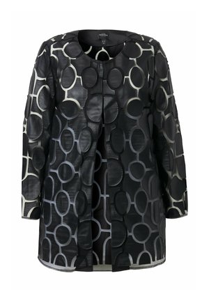 Czarna kurtka z wzorem dużych, okrągłych motywów w różnych odcieniach czerni i szarości, wykonana z gładkiego, lekkiego materiału.