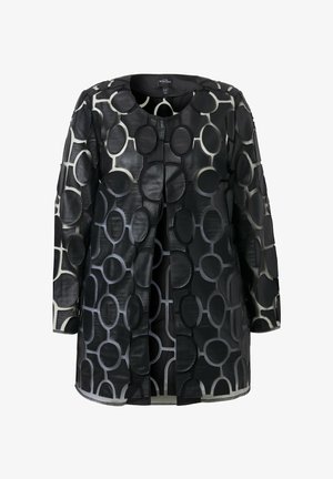Black patterned jacket featuring large circular designs in varying shades of black and gray, made from a smooth, lightweight material.
