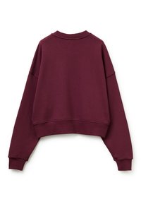 Sudadera corta burdeos con hombros caídos, cuello y puños de canalé, hecha de una suave tela texturizada. Acabado liso, diseño minimalista.