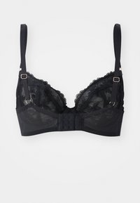 Black lace bra featuring a triangular design, scalloped edges, adjustable straps, and a hook-and-eye closure on the back.
