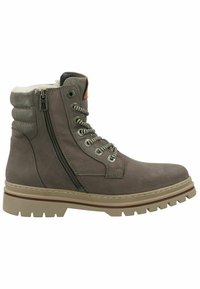 Graue Leder-Stiefelette mit gepolstertem Schaft, seitlichem Reißverschluss und kontrastierenden Schnürsenkeln. Verfügt über eine robuste Sohle und genähte Details.