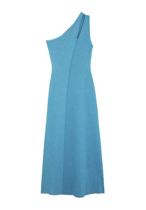 Sukienka na jedno ramię z teksturowanej, jasnoniebieskiej tkaniny, z dopasowanym topem i rozkloszowanym dołem. Szczegóły szwów dodają wizualnego zainteresowania.