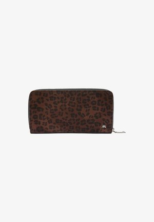 Brown leopard print wallet made of soft material, featuring a zip closure, rectangular shape, and a silver logo accent.