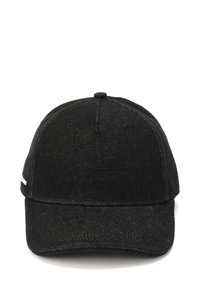 Black denim cap with a curved visor, contrasting stitching, and six ventilation holes. Simple design with no logos or additional accents.