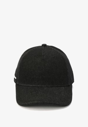 Black denim cap with a curved visor, contrasting stitching, and six ventilation holes. Simple design with no logos or additional accents.