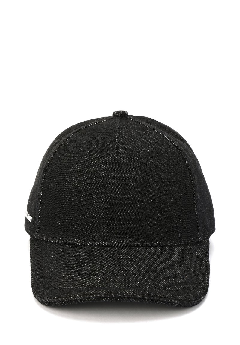 Black denim cap with a curved visor, contrasting stitching, and six ventilation holes. Simple design with no logos or additional accents.