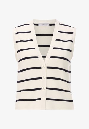 Bezrukávový pruhovaný top s výstrihom do V, vyrobený z ľahkej pleteniny. Smotanový základ s tmavomodrými horizontálnymi pruhmi a štyrmi gombíkmi.