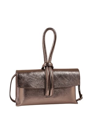 Shiny metallic brown clutch bag with a flap and a looped strap handle on top, designed for hand or wrist carrying.