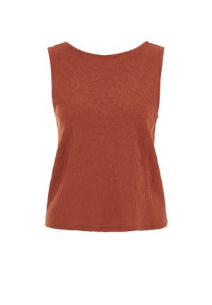 Top da donna senza maniche di colore ruggine con un delicato motivo floreale testurizzato e scollo rotondo.