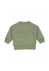 Zelená mikina se kulatým výstřihem, žebrovanými manžetami a pasem. Obsahuje malou značkovou etiketu na spodním lemu. Měkká bavlněná tkanina.