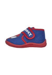 Zapatos de tela azul con detalles rojos, que cuentan con una correa de Velcro, punta redondeada y un diseño de personaje en la parte frontal. El texto dice "SPIDEY."