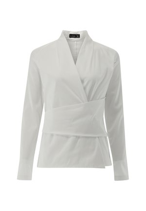 White long-sleeve blouse with a wrap design, featuring a folded collar and a belted waist, made of smooth fabric with a soft texture.