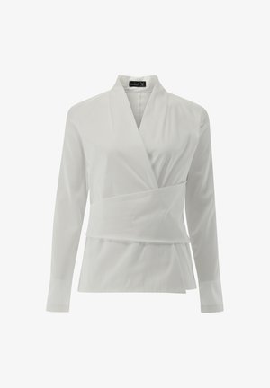 White long-sleeve blouse with a wrap design, featuring a folded collar and a belted waist, made of smooth fabric with a soft texture.