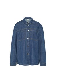 Jeansjacke in einem tiefblauen Farbton, mit knöpfigem Frontverschluss, zwei Brusttaschen und langen Ärmeln mit geknöpften Manschetten. Glatte Textur.