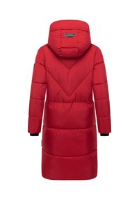Red puffer coat with a hood, featuring a chevron quilted pattern, long sleeves, and black cuff accents. Smooth material, knee-length design.