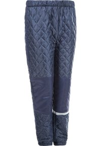 Laivastonsiniset päältä lämpimät, pehmustetut housut, joiden vyötäröllä on joustava vyö, ja sileät kangasasusteet alhaalla; sisältää heijastinteipin helman lähellä.