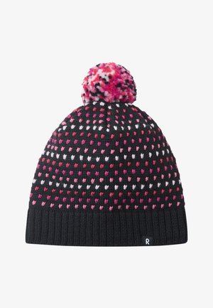 Gorro de malha preto com um pom-pom multicolorido no topo. Apresenta um padrão de pequenos corações com acentos em rosa, vermelho e branco.
