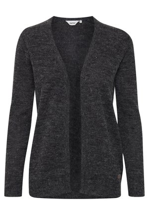 Cardigan gris foncé en tissu tricoté texturé. Design ouvert à l'avant avec des manches longues et une petite étiquette de logo sur le côté inférieur.