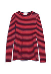 Gestreiftes Langarmshirt in Rot und Marineblau mit Rundhalsausschnitt, aus weichem Stoff, mit gleichmäßig verteilten horizontalen Streifen.
