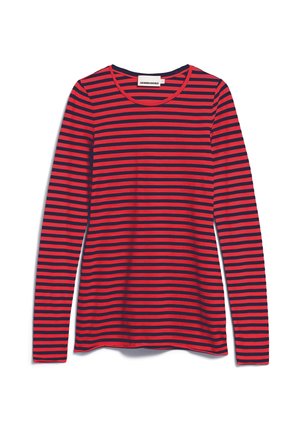 Rood en marineblauw gestreepte shirt met lange mouwen en een ronde halslijn, gemaakt van een zachte stof, met gelijkmatig verdeelde horizontale strepen.