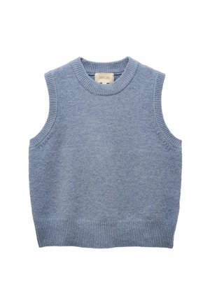 Light blue sleeveless sweater with a round neck, ribbed hem, and armholes, made from soft, textured fabric. Label visible inside.