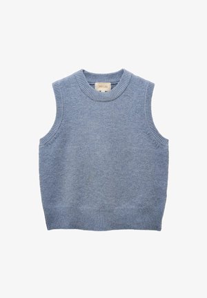 Light blue sleeveless sweater with a round neck, ribbed hem, and armholes, made from soft, textured fabric. Label visible inside.