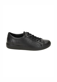 Black leather sneaker with smooth texture, round toe, and lace-up design. Features subtle stitching details and a rubber outsole.