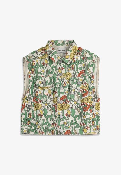 Bezrekawnik dziecięcy z dżinsu z zielonym, żółtym i pomarańczowym kwiatowym nadrukiem oraz zapięciem na guziki z przodu.