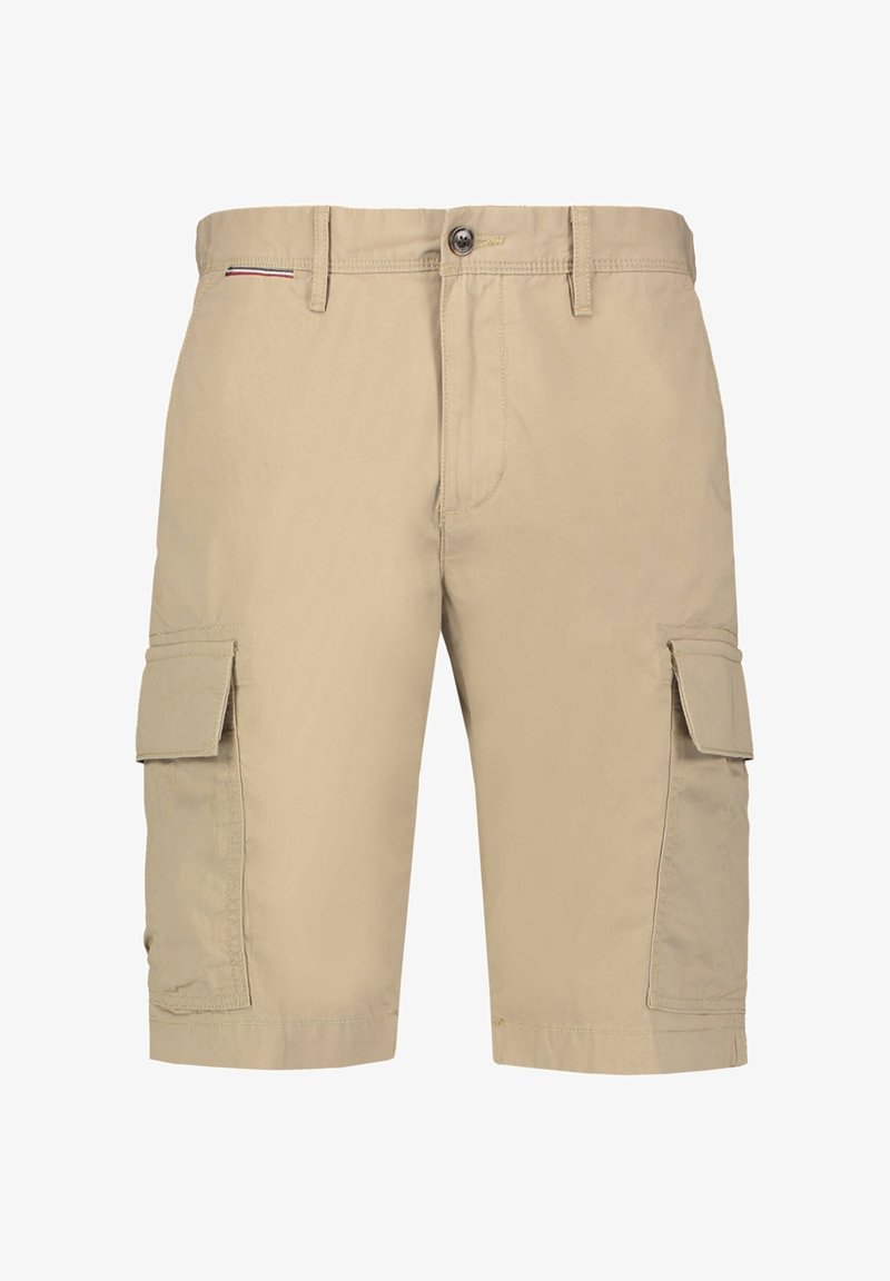 Shorts cargo kaki en mélange de coton, dotés de deux poches cargo latérales, d'une fermeture avant par boutons et d'une coupe décontractée.