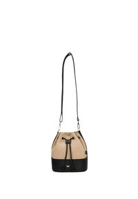 Borsa a secchiello con corpo in paglia naturale intrecciata e fondo in pelle sintetica nera. Presenta una chiusura con coulisse nera e tracolla regolabile.