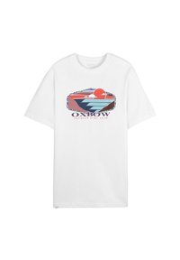 T-shirt en coton blanc avec un graphique coloré sur le thème du surf, comprenant un bateau, un soleil et des vagues. Col rond et manches courtes.