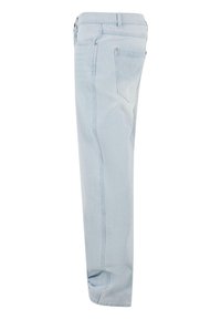 Light blue denim jeans with a straight cut, five pockets, and visible stitching. Features metal button and zip closure. Smooth texture.