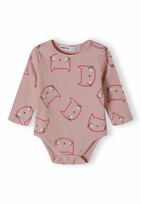 Ilgų rankovių kūdikių bodysuitas iš minkštos rožinės stangrios medžiagos, puošniu su žaismingais katinų raštais rožinėje ir juodoje spalvose, su spaustukais ant peties ir apačios.
