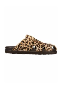 Sandali con stampa leopardata, con punta aperta e design a ritaglio; presentano una tomaia testurizzata e una suola in gomma marrone.