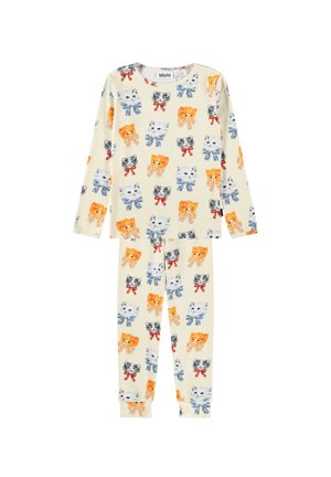 Børne cremefarvet langærmet pyjamasæt med gentaget mønster af orange, hvide og grå killingeansigter iført blå og røde sløjfer.