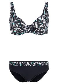 Bikini set met een gestreepte zwart-witte bh met aqua accenten, gecombineerd met effen zwarte slips met een bijpassende gestreepte tailleband.